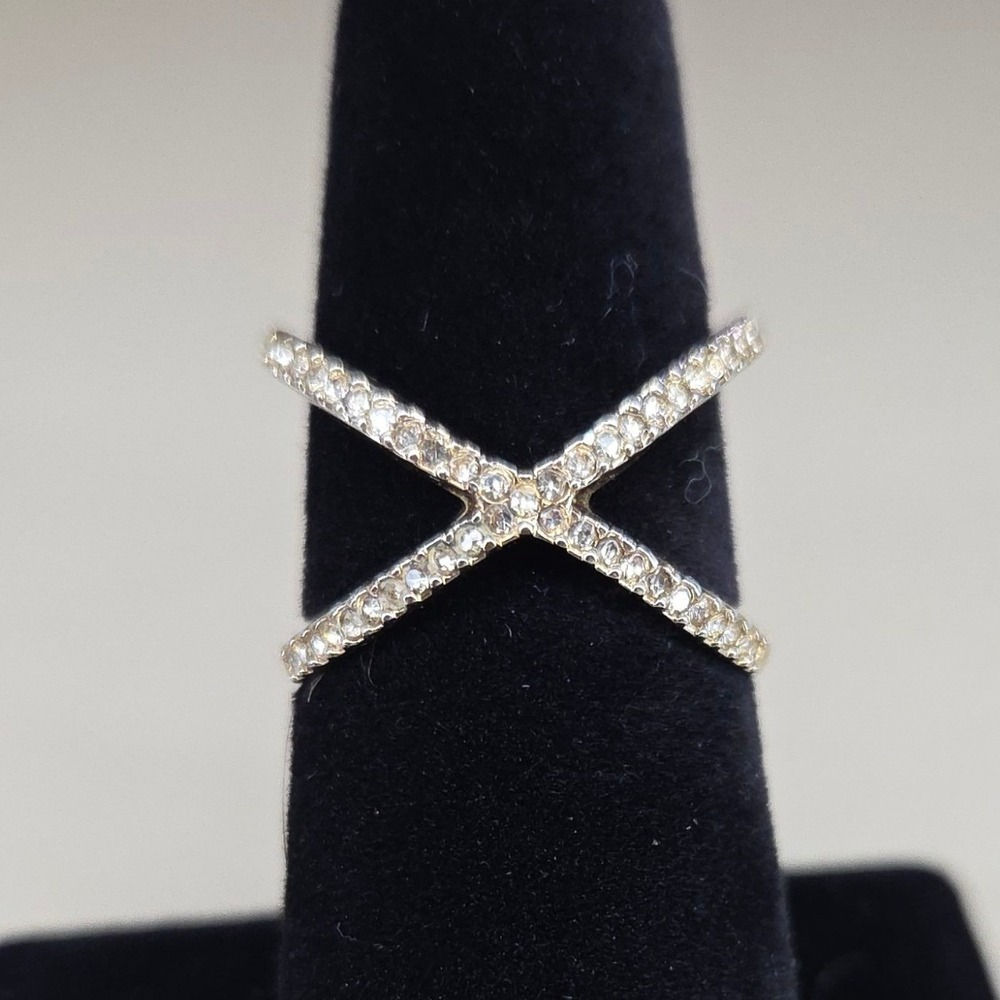 Gold Tone Pave Crystal Crisscross X Ring Size 7.5 Geometric Chunky